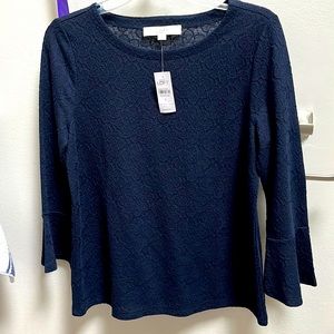 Loft navy blue flared sleeve blouse, brand new